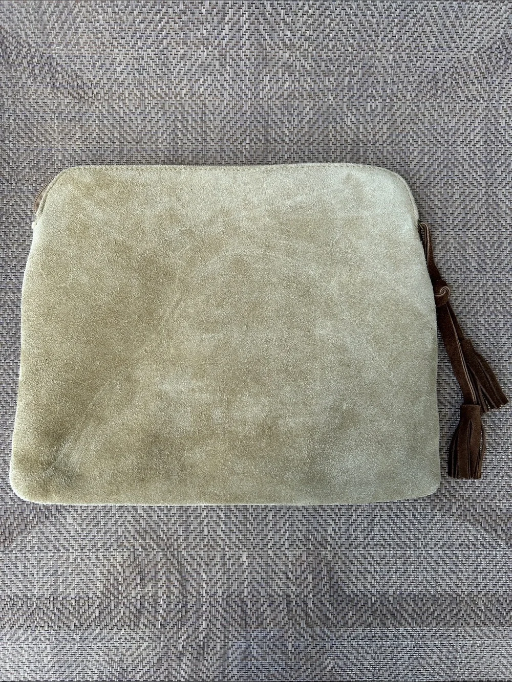 Genuine tan suede leather tablet case. Bronze studded. Suede tassels. 11 X9 inch